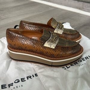 Robert Clergerie leather snakeskin animal-print brown Platform wedge Loafer 36.5